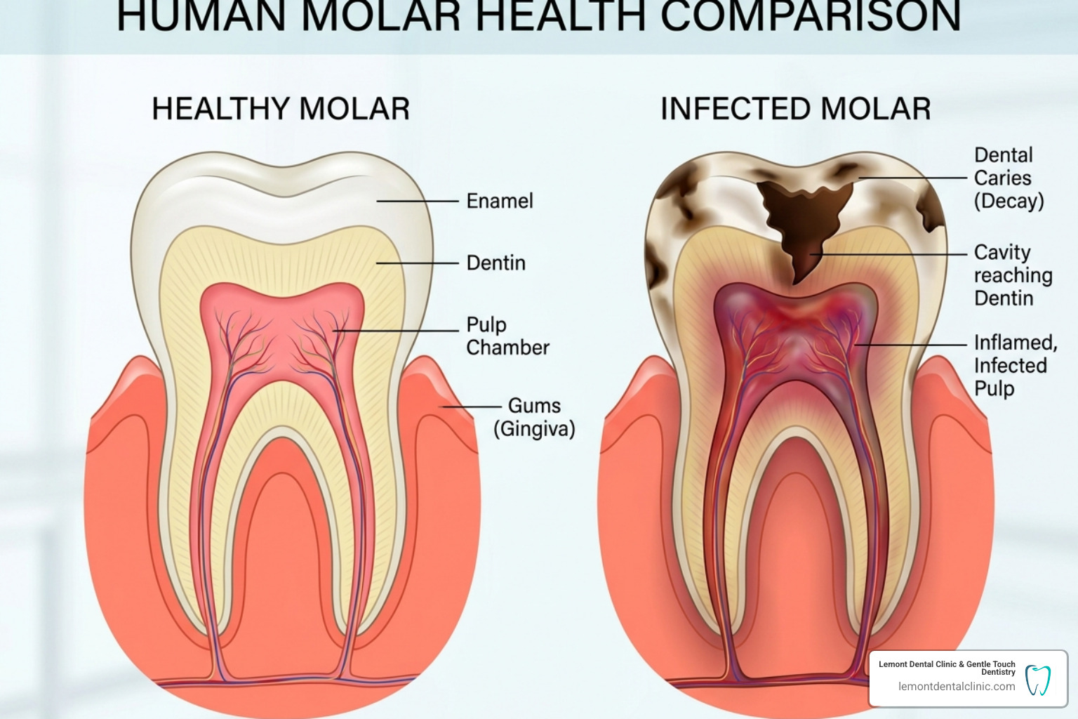 Healthy tooth vs infected tooth comparison - child root canal therapy Healthy tooth vs infected tooth comparison - child root canal therapy