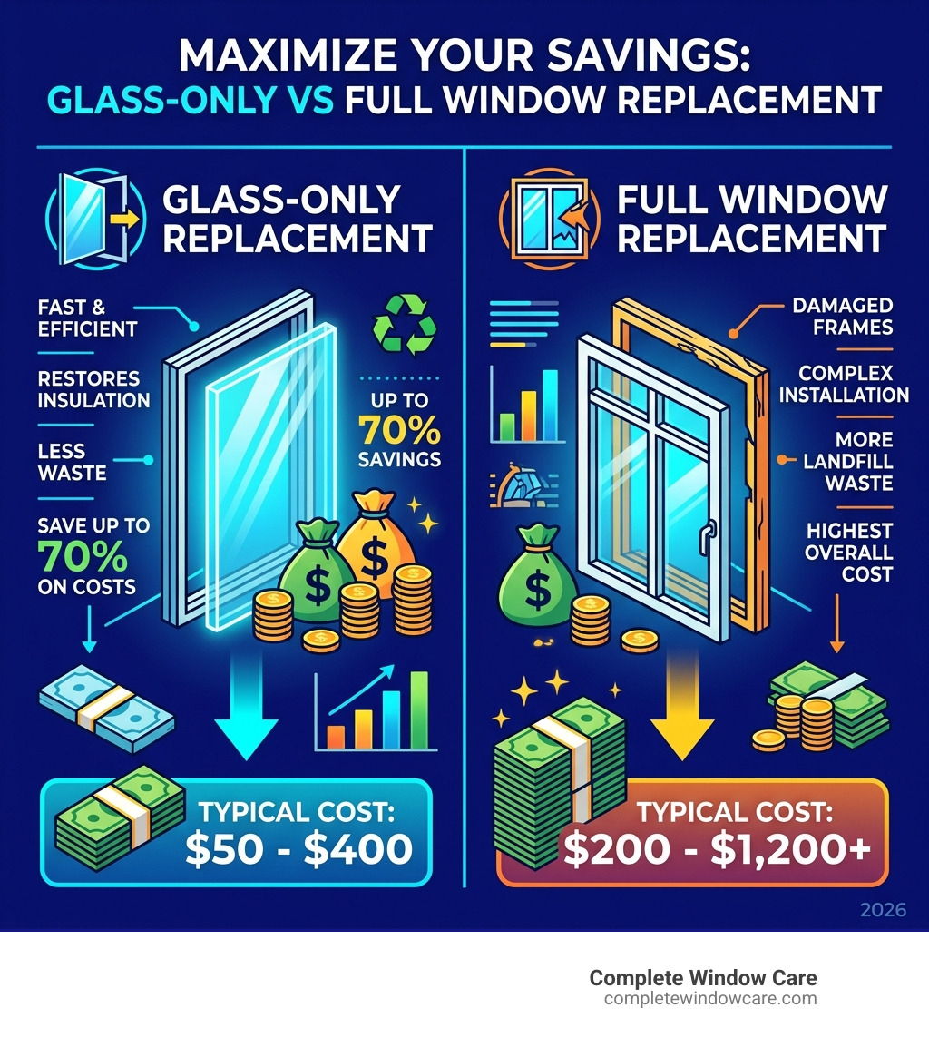 Infographic showing the cost savings of glass-only replacement vs full window replacement - blown double glazed windows