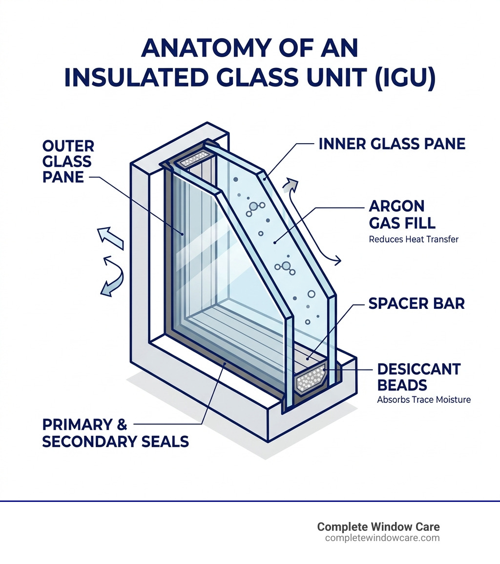 Anatomy of an Insulated Glass Unit showing seal, spacer bar, argon gas, and desiccant beads - blown double glazed windows