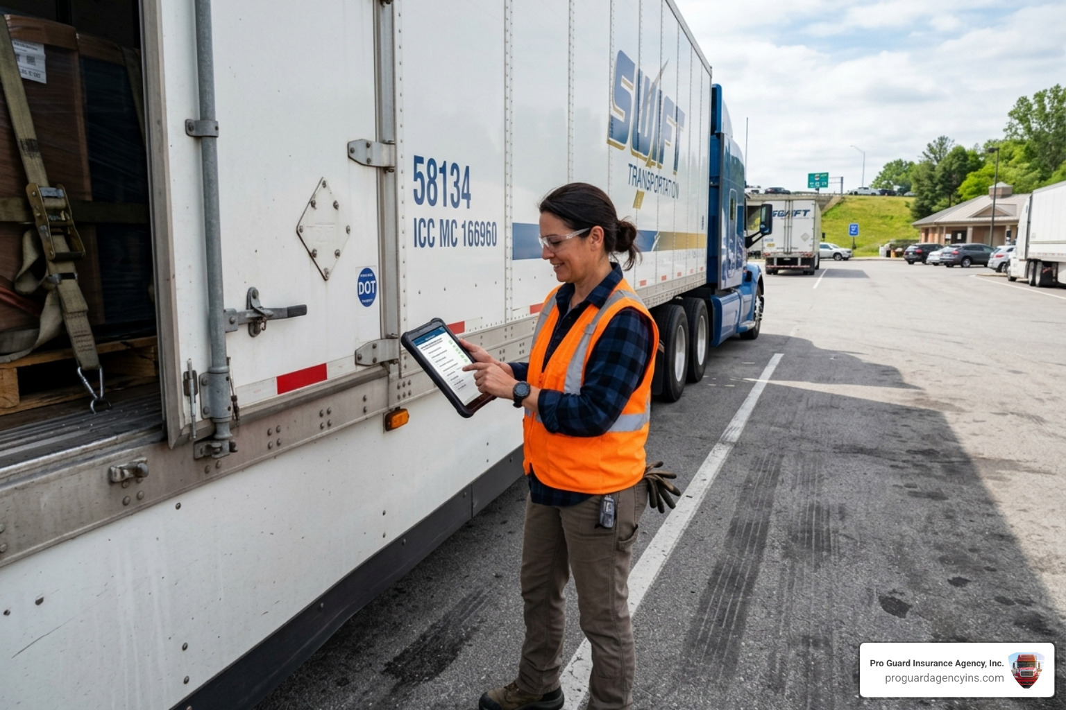 Driver using a digital checklist on a tablet to document a cargo securement inspection - load securement insurance policy
