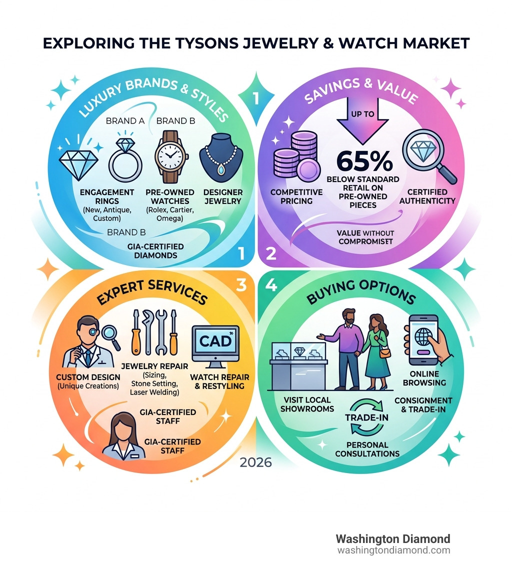 Infographic showing Tysons jewelry and watch market: brands, services, savings, and buying options - tysons jewelry and Infographic showing Tysons jewelry and watch market: brands, services, savings, and buying options - tysons jewelry and