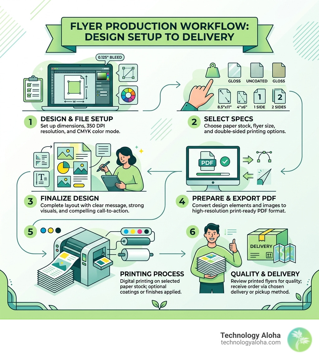 Flyer production workflow from design setup to delivery infographic - flyer design and printing infographic 