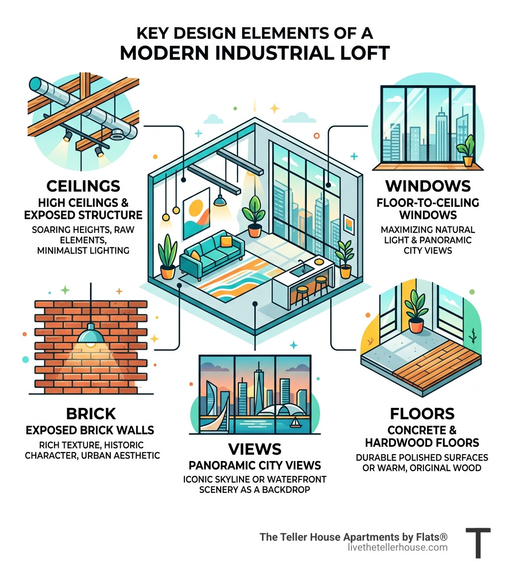 Key design elements of a modern industrial loft: ceilings, windows, brick, floors, and views - city view modern lofts