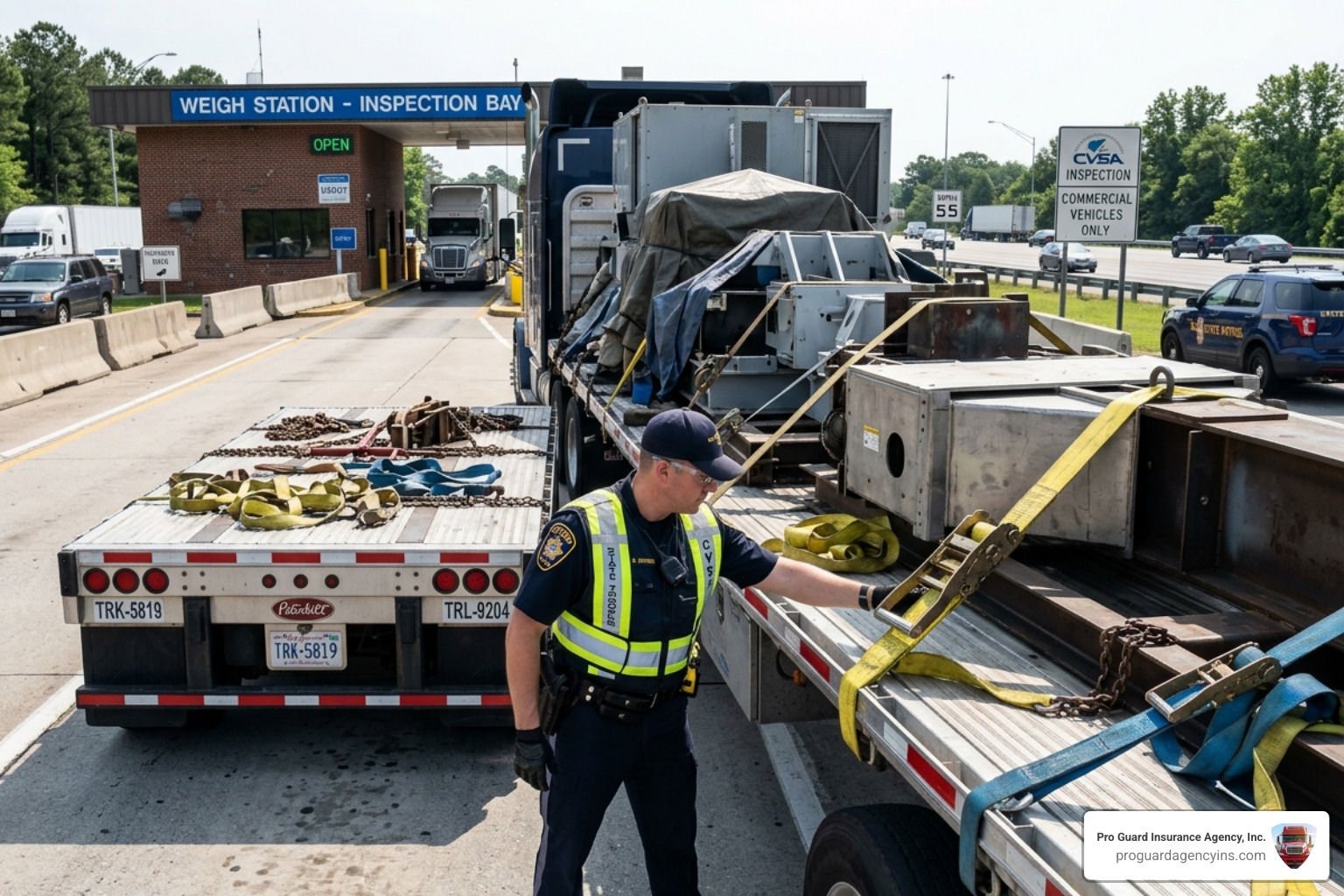 Roadside inspection station where cargo securement is a top priority for enforcement officers - load securement insurance