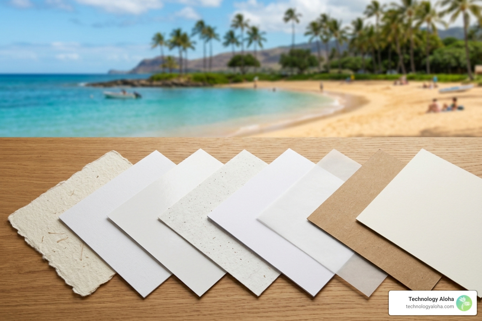 Paper weight and texture comparison chart with Hawaiian beach background - flyer design and printing