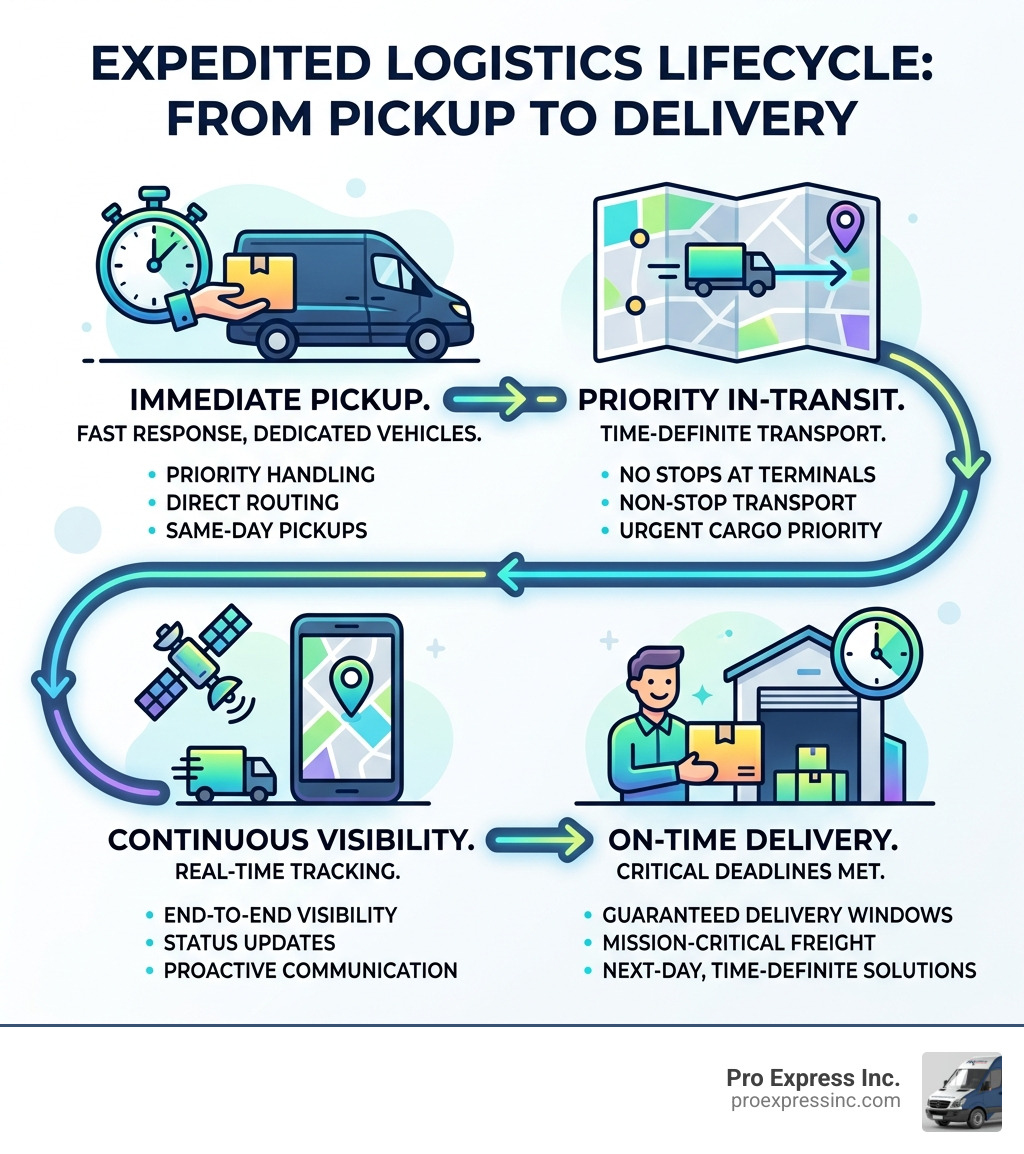 Infographic showing expedited logistics lifecycle from pickup to delivery with key features - expedited transportation