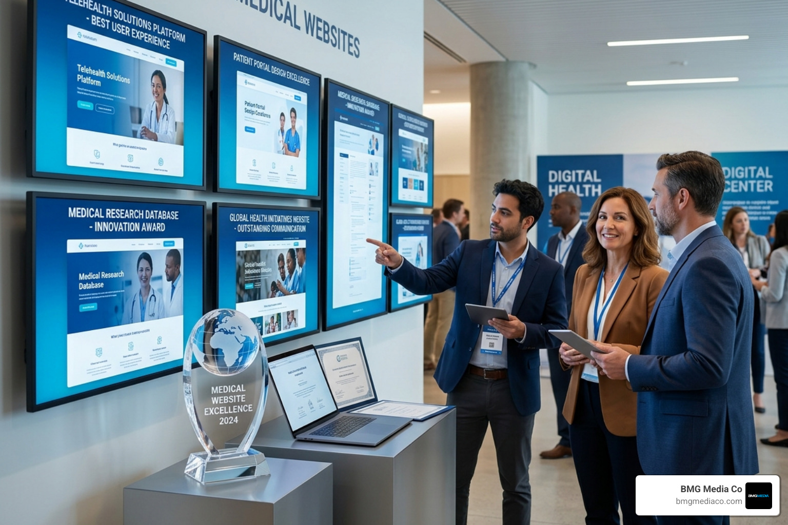 Example of a modern, award-winning hospital homepage design showing clean navigation and high-quality imagery - award