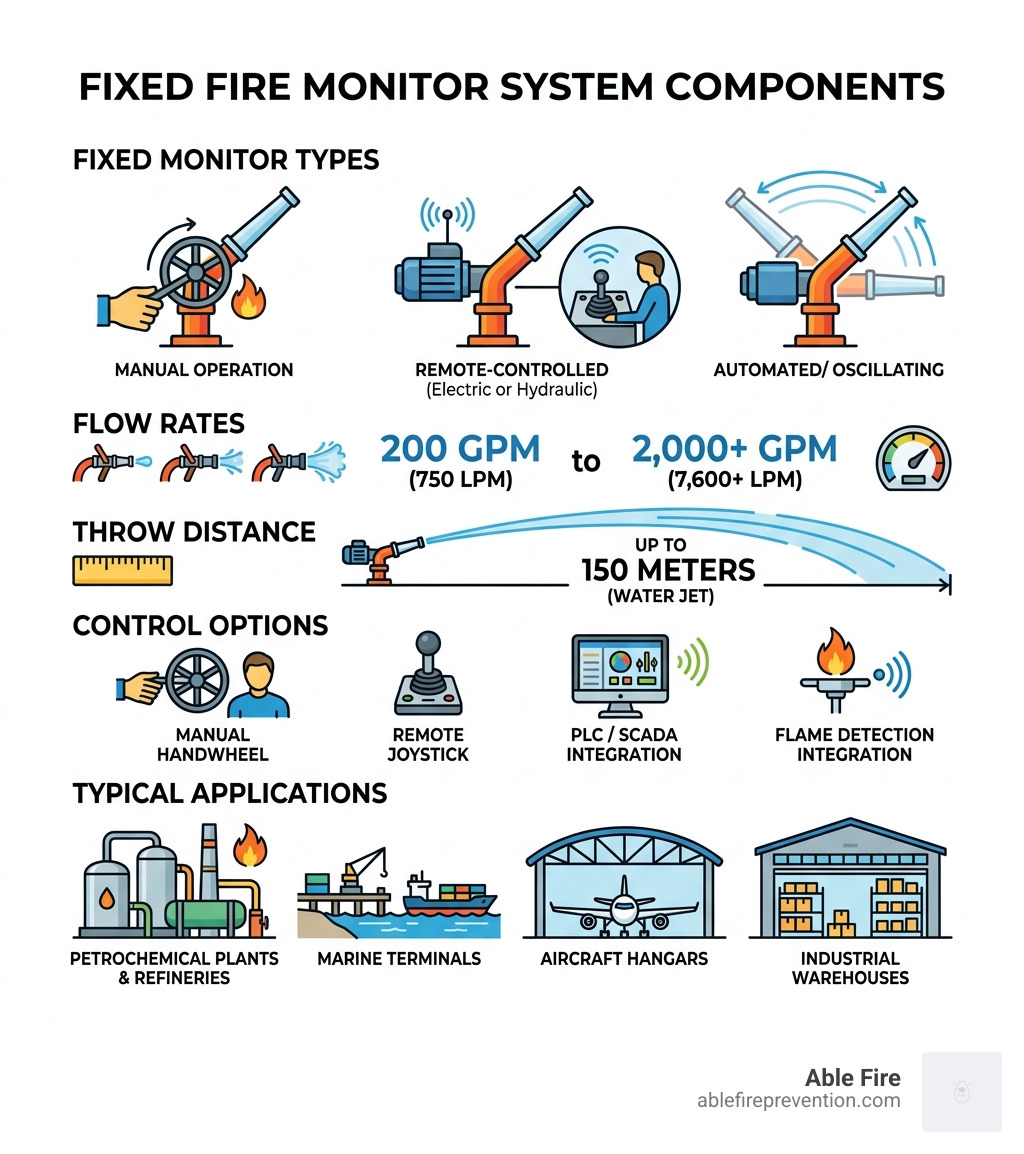 Fixed fire monitor system components infographic: types, flow rates, throw distance, control options, applications - fixed Fixed fire monitor system components infographic: types, flow rates, throw distance, control options, applications - fixed