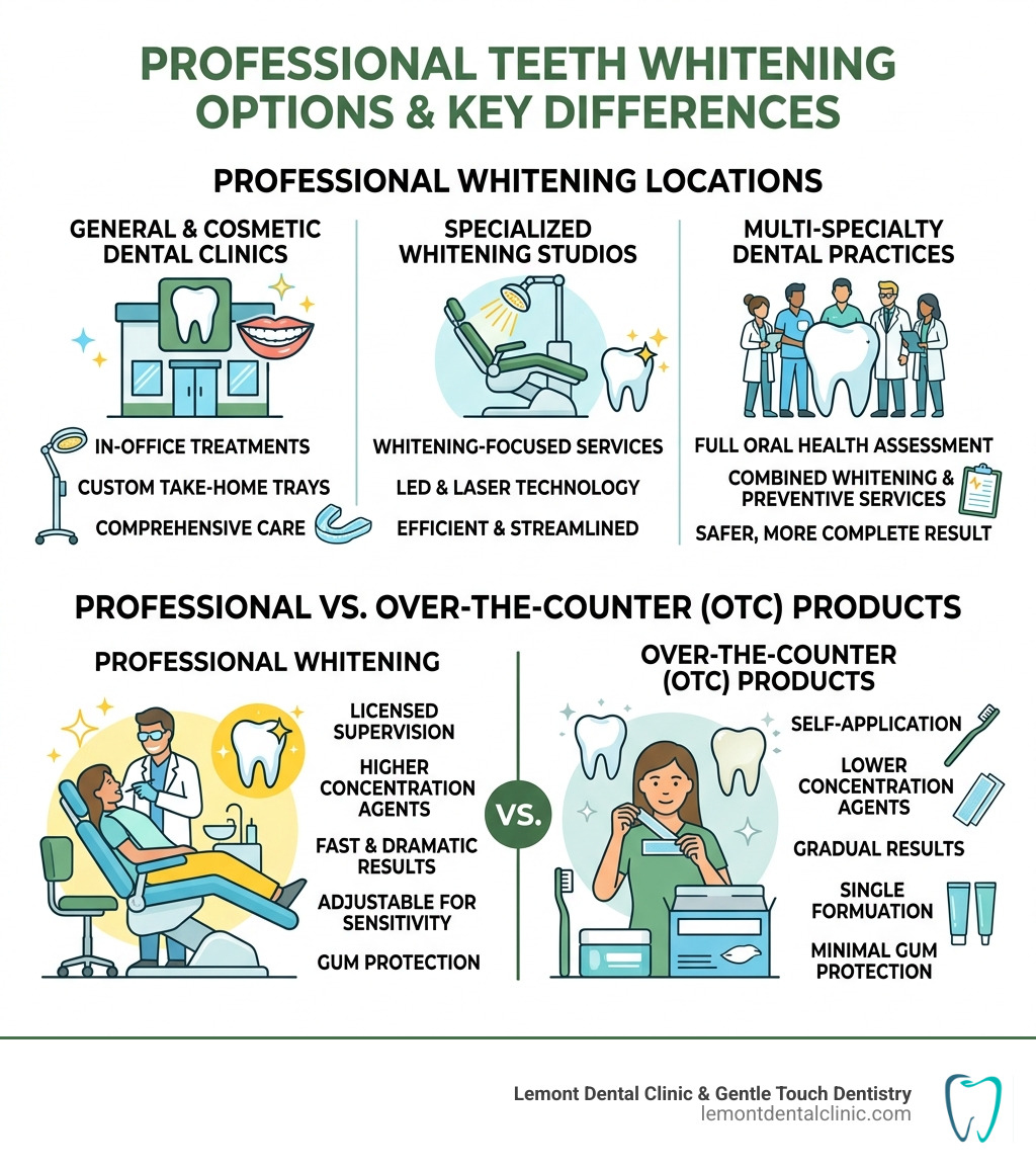 Infographic showing types of professional teeth whitening places and key differences from OTC products - places to get teeth