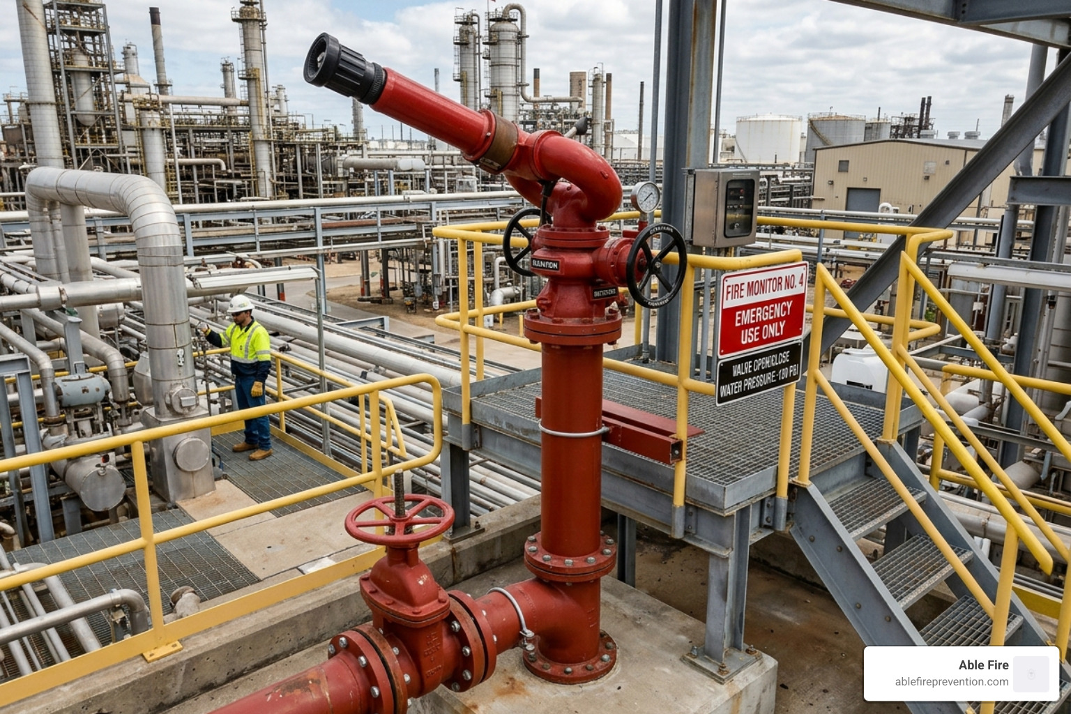 fixed station monitor mounted on a riser for permanent industrial fire protection - fixed fire monitor fixed station monitor mounted on a riser for permanent industrial fire protection - fixed fire monitor