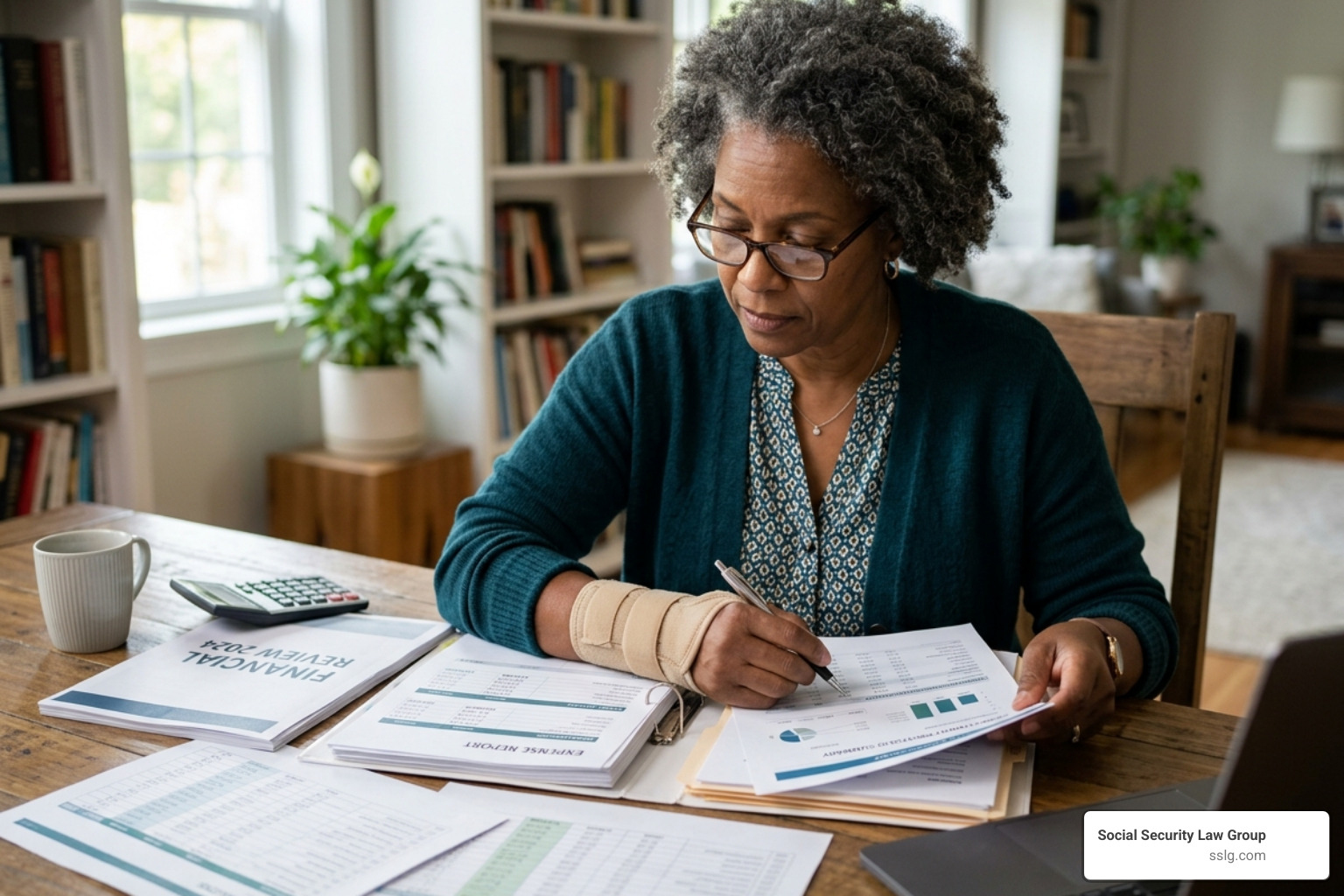 A person around 60 years old wearing a wrist brace while reviewing financial documents - disability fresno ca