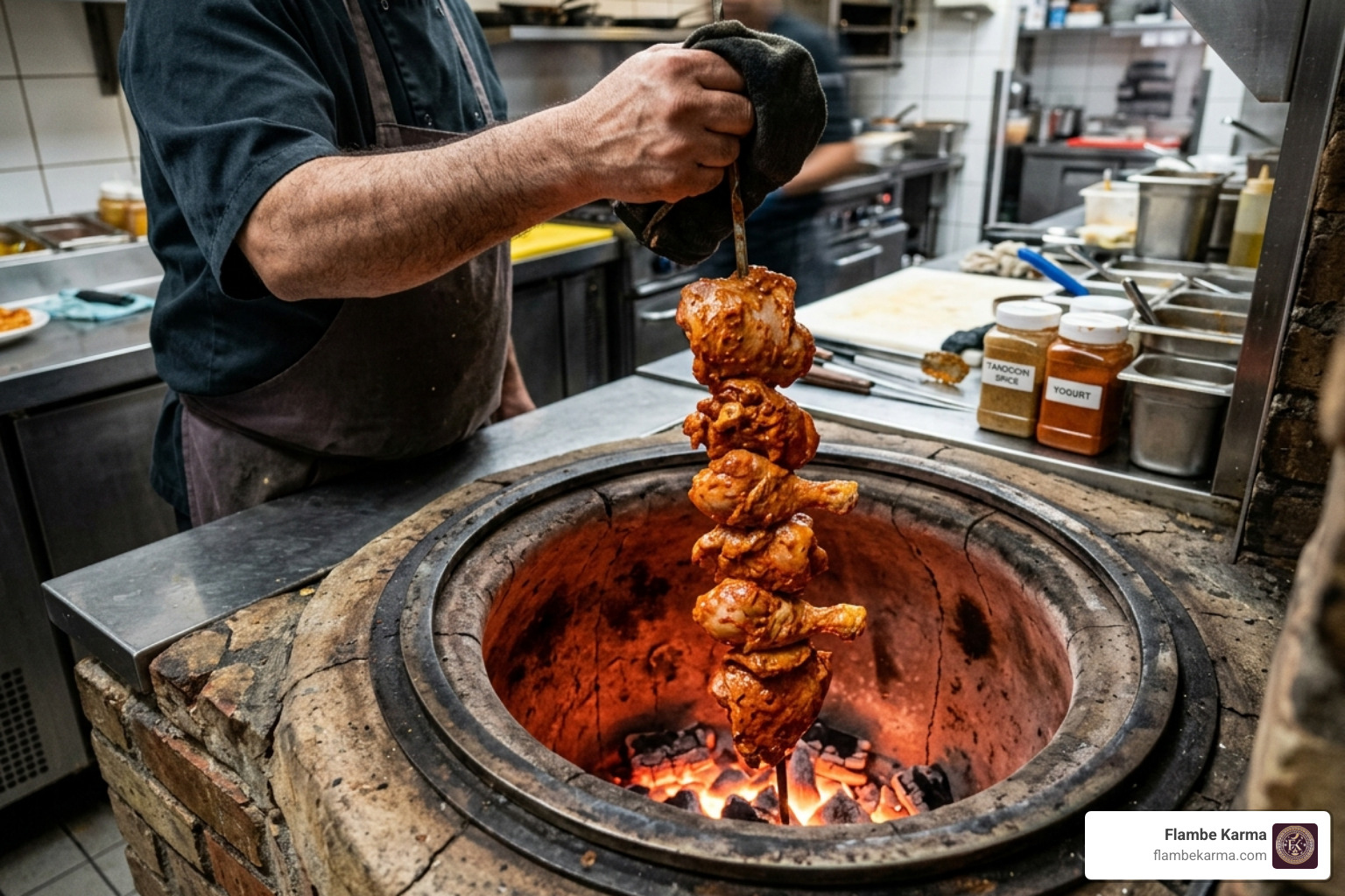chicken pieces being lowered into a traditional clay tandoor oven - order tandoori chicken