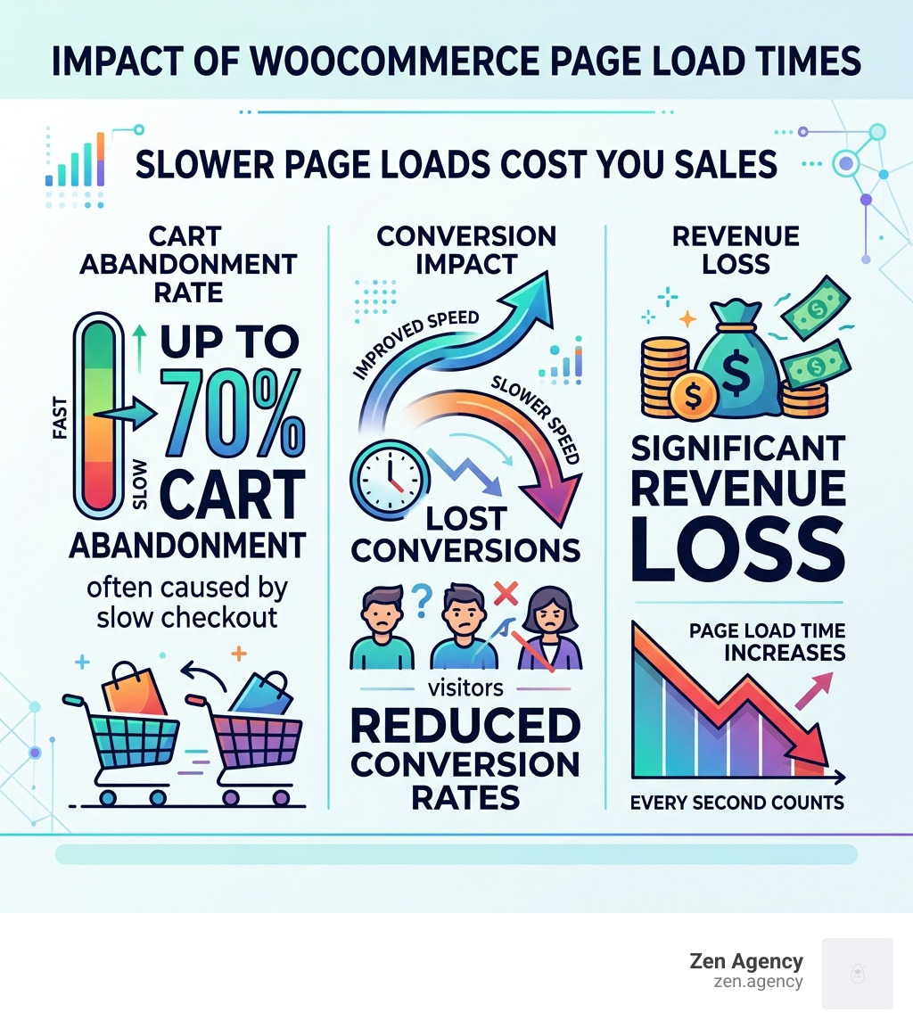 Infographic showing correlation between WooCommerce page load times and revenue loss, cart abandonment rates, and conversion Infographic showing correlation between WooCommerce page load times and revenue loss, cart abandonment rates, and conversion
