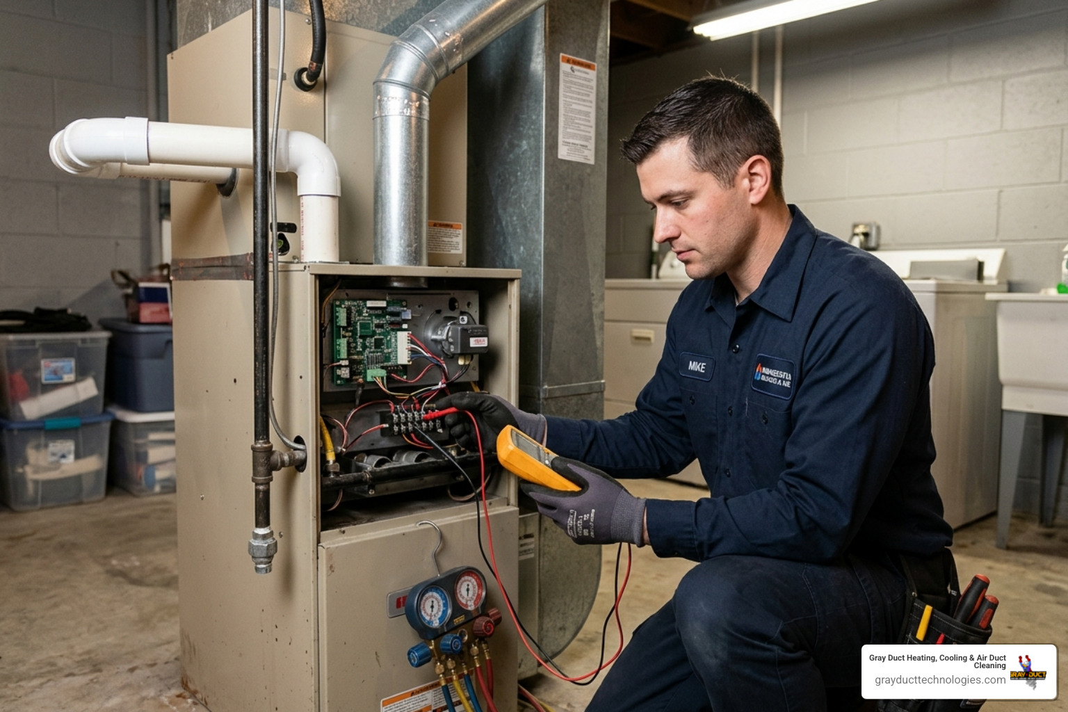 Technician performing a diagnostic check on a furnace in a Twin Cities basement - hvac maintenance tips for minnesota Technician performing a diagnostic check on a furnace in a Twin Cities basement - hvac maintenance tips for minnesota
