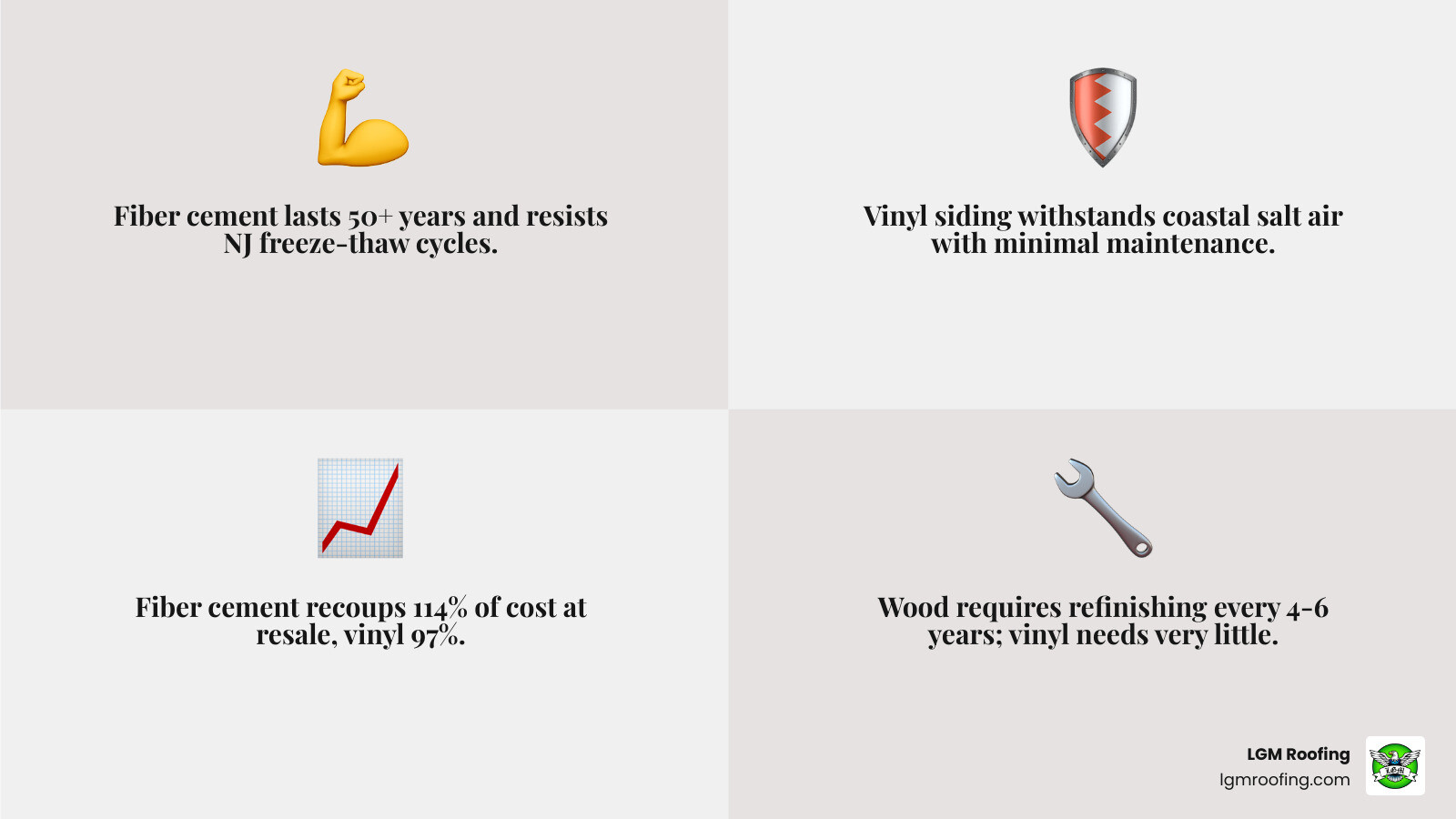 Infographic comparing siding types by durability, maintenance, lifespan, and NJ climate suitability - how to choose the Infographic comparing siding types by durability, maintenance, lifespan, and NJ climate suitability - how to choose the