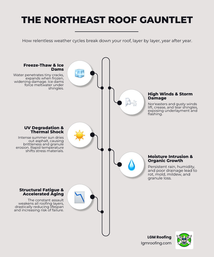 Infographic showing cumulative impact of Northeast weather on roofing layers across all four seasons - how northeast climate