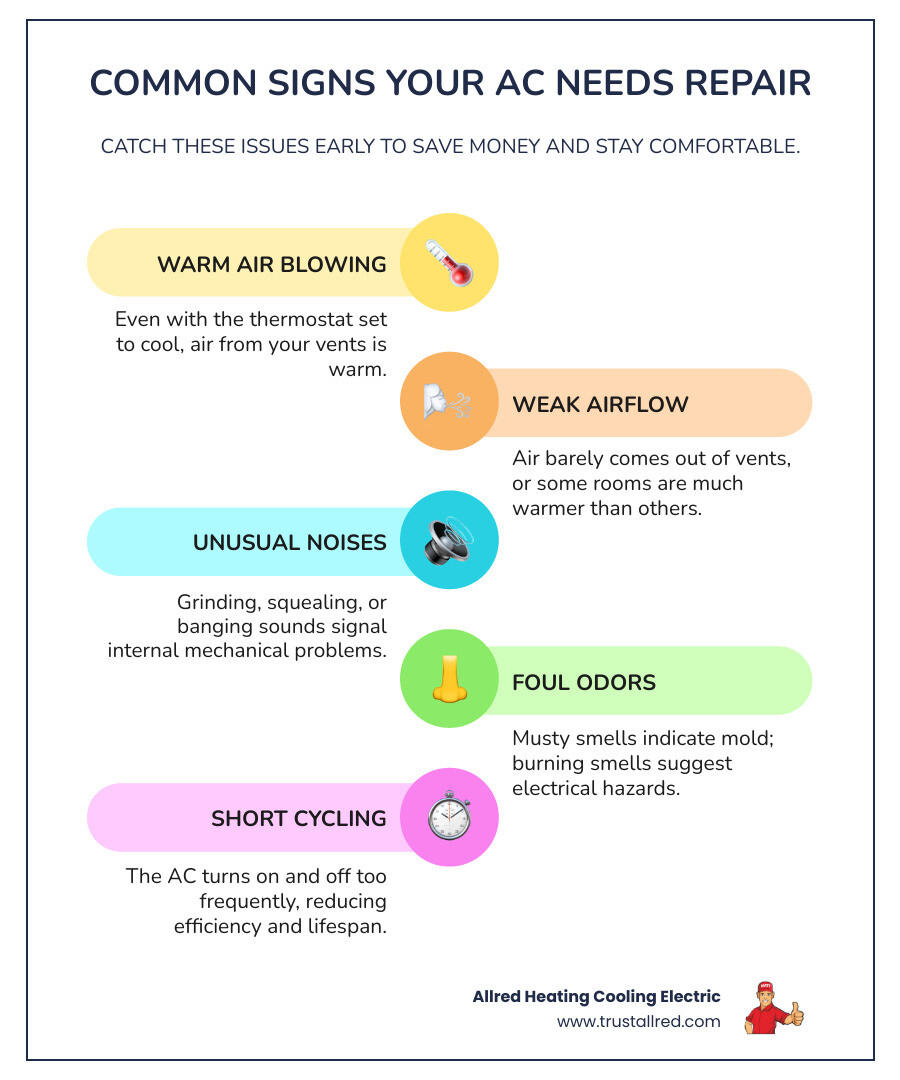Infographic showing 8 signs your AC needs repair with icons for each warning sign - signs your ac needs repair infographic Infographic showing 8 signs your AC needs repair with icons for each warning sign - signs your ac needs repair infographic