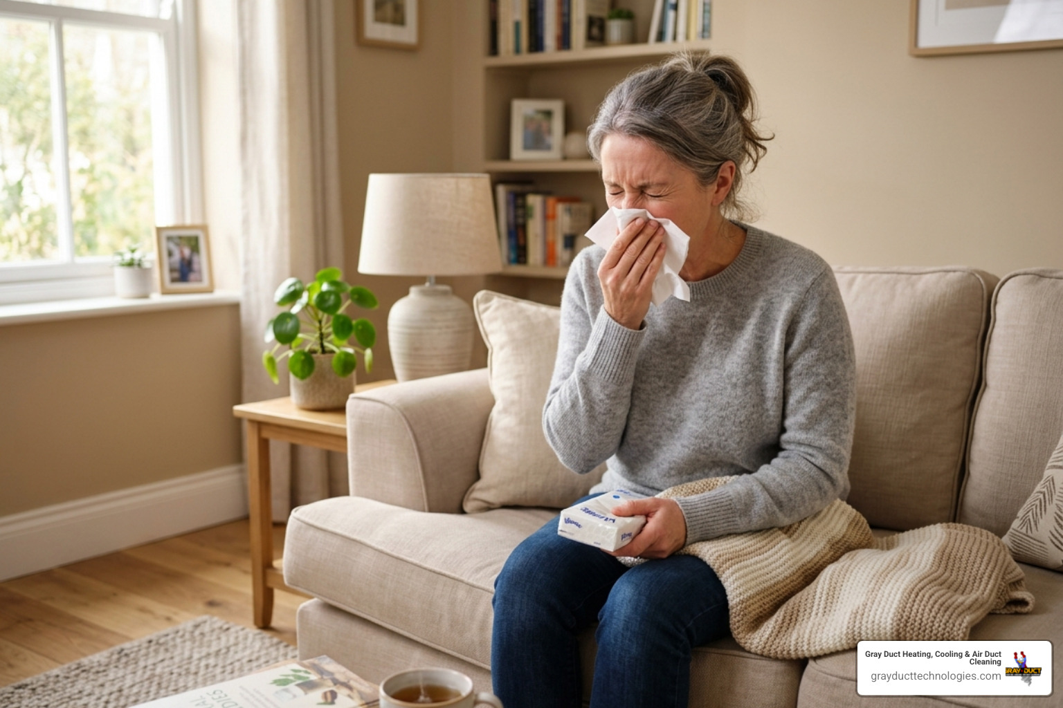 A person sneezing in a living room while sitting on a sofa, suggesting indoor allergy triggers - can dirty air ducts make A person sneezing in a living room while sitting on a sofa, suggesting indoor allergy triggers - can dirty air ducts make