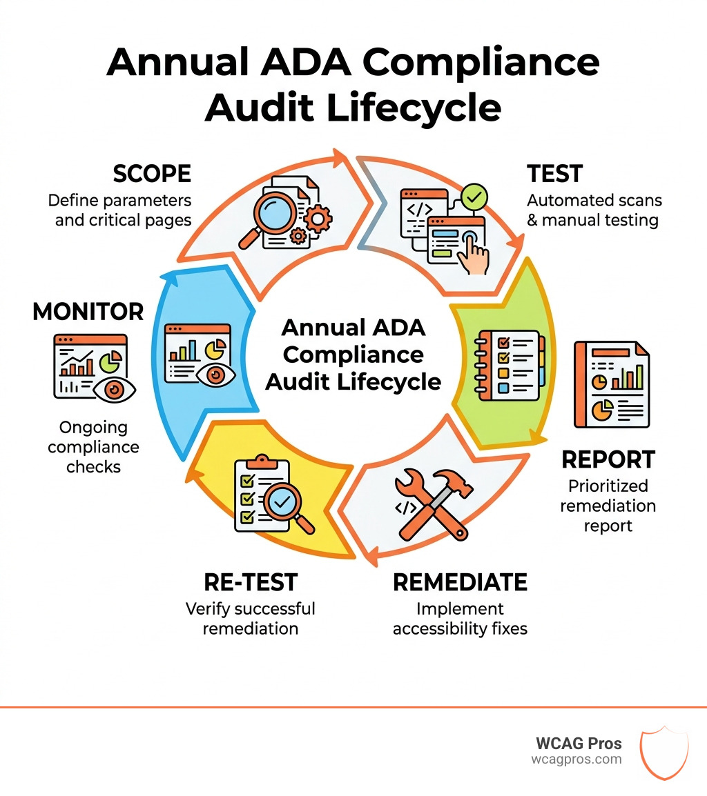 Annual ADA compliance audit lifecycle: scope, test, report, remediate, re-test, monitor - annual ada compliance audit Annual ADA compliance audit lifecycle: scope, test, report, remediate, re-test, monitor - annual ada compliance audit