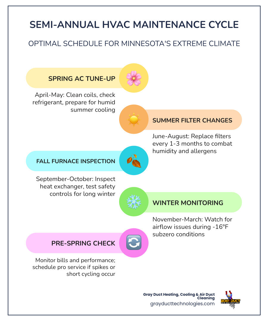 Infographic showing semi-annual HVAC maintenance cycle for Minnesota: spring AC tune-up and fall furnace inspection with