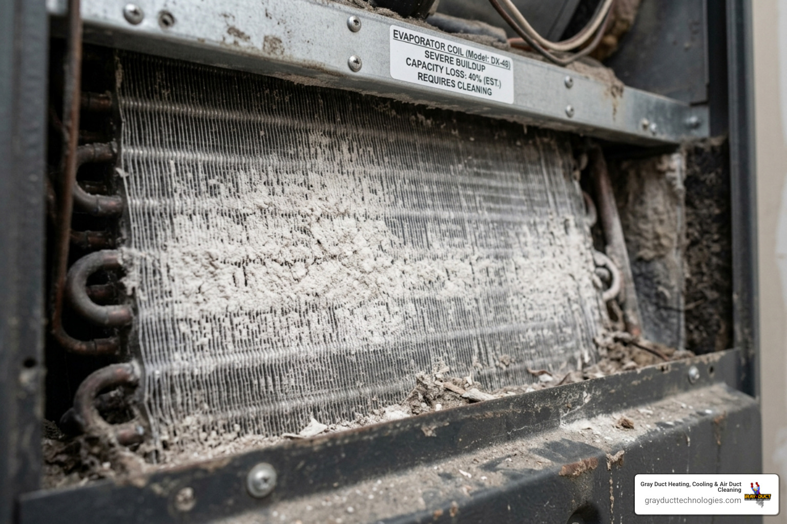 dust-coated evaporator coil showing 40 percent cooling capacity loss due to renovation debris - how home renovations affect dust-coated evaporator coil showing 40 percent cooling capacity loss due to renovation debris - how home renovations affect