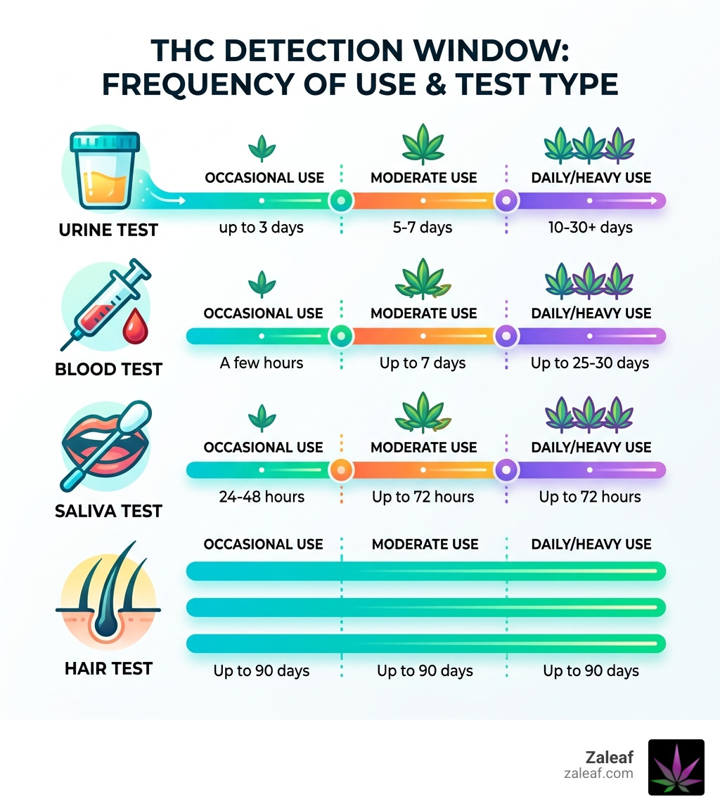 Infographic showing THC detection window by test type and usage frequency - THC detection window infographic 