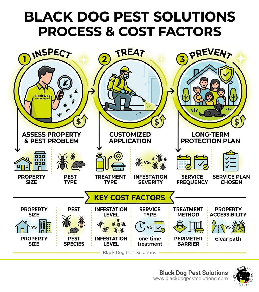Infographic showing Black Dog Pest Solutions Inspect-Treat-Prevent process with cost factors - black dog pest solutions Infographic showing Black Dog Pest Solutions Inspect-Treat-Prevent process with cost factors - black dog pest solutions