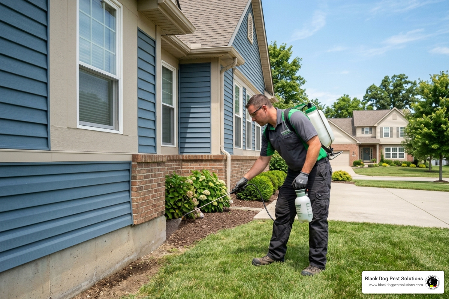 Technician performing a targeted exterior perimeter treatment on an Avon home - black dog pest solutions pricing Technician performing a targeted exterior perimeter treatment on an Avon home - black dog pest solutions pricing