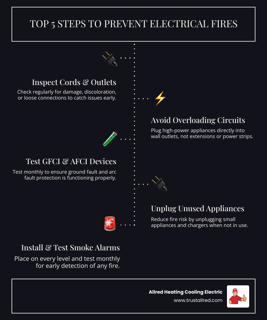 Infographic showing top 5 steps to prevent home electrical fires with icons for each step - how to prevent electrical fires Infographic showing top 5 steps to prevent home electrical fires with icons for each step - how to prevent electrical fires