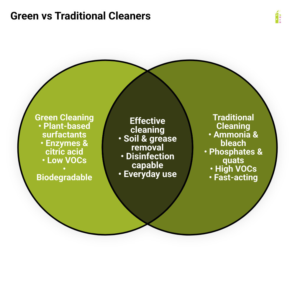 Side-by-side comparison infographic: green vs traditional cleaning products - ingredients, health effects, environment, cost Side-by-side comparison infographic: green vs traditional cleaning products - ingredients, health effects, environment, cost