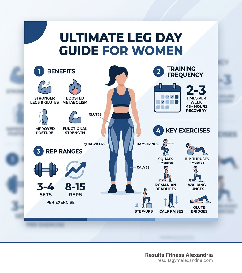 benefits of leg day for women infographic showing muscle groups, training frequency, rep ranges, and key exercises - women's benefits of leg day for women infographic showing muscle groups, training frequency, rep ranges, and key exercises - women's