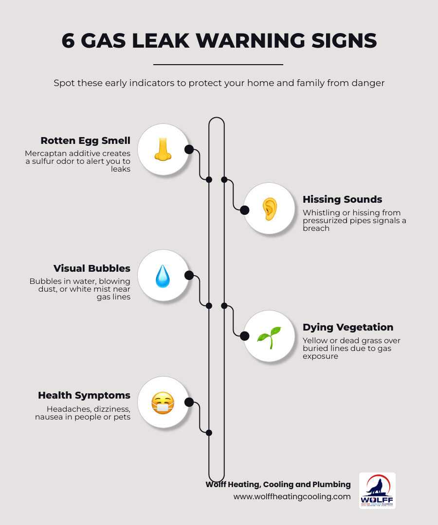 Infographic showing 6 sensory warning signs of a gas leak: smell, sound, sight, physical symptoms, outdoor clues, and Infographic showing 6 sensory warning signs of a gas leak: smell, sound, sight, physical symptoms, outdoor clues, and