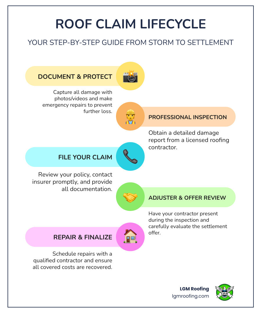 Infographic showing the 2026 roof insurance claim lifecycle from storm damage to final settlement payment - how to file a Infographic showing the 2026 roof insurance claim lifecycle from storm damage to final settlement payment - how to file a