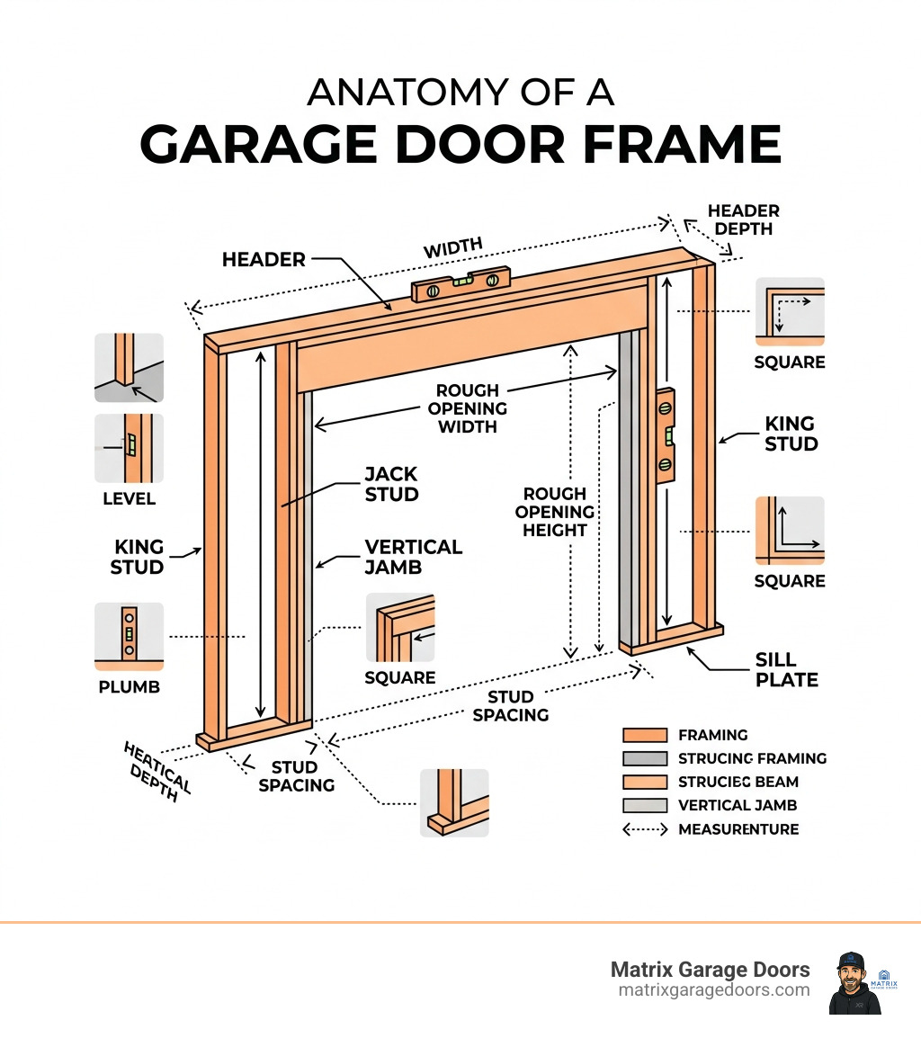 Anatomy of a garage door frame showing header, king studs, jack studs, jambs, and sill plate with labeled dimensions