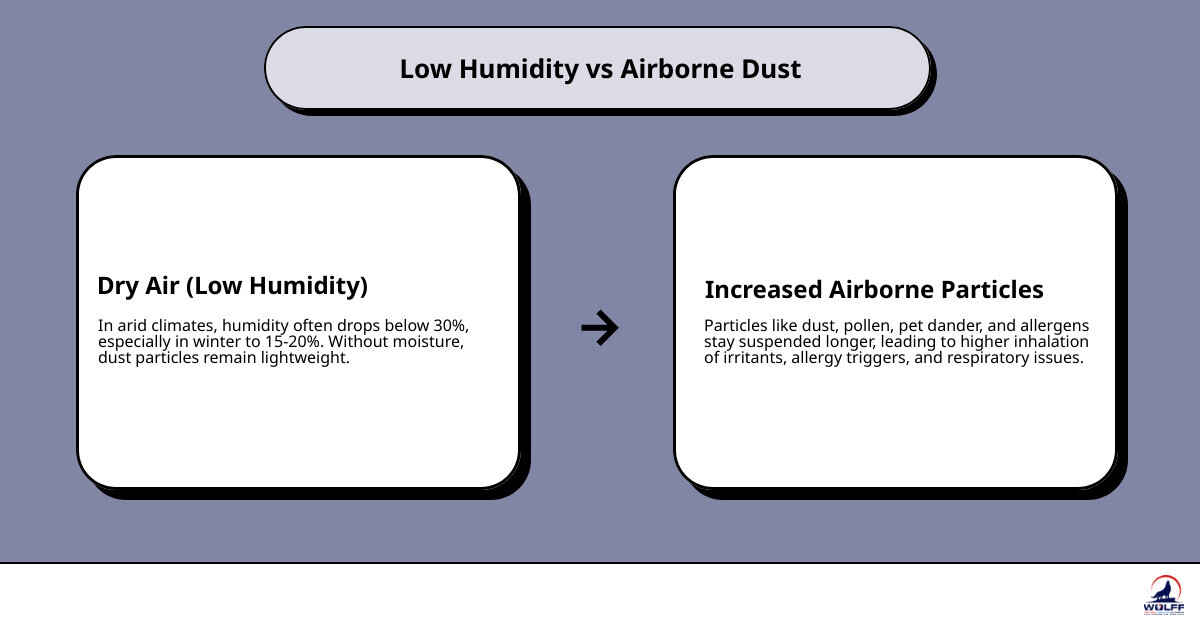 infographic showing relationship between low indoor humidity and increased airborne dust allergens in dry climates - how to infographic showing relationship between low indoor humidity and increased airborne dust allergens in dry climates - how to