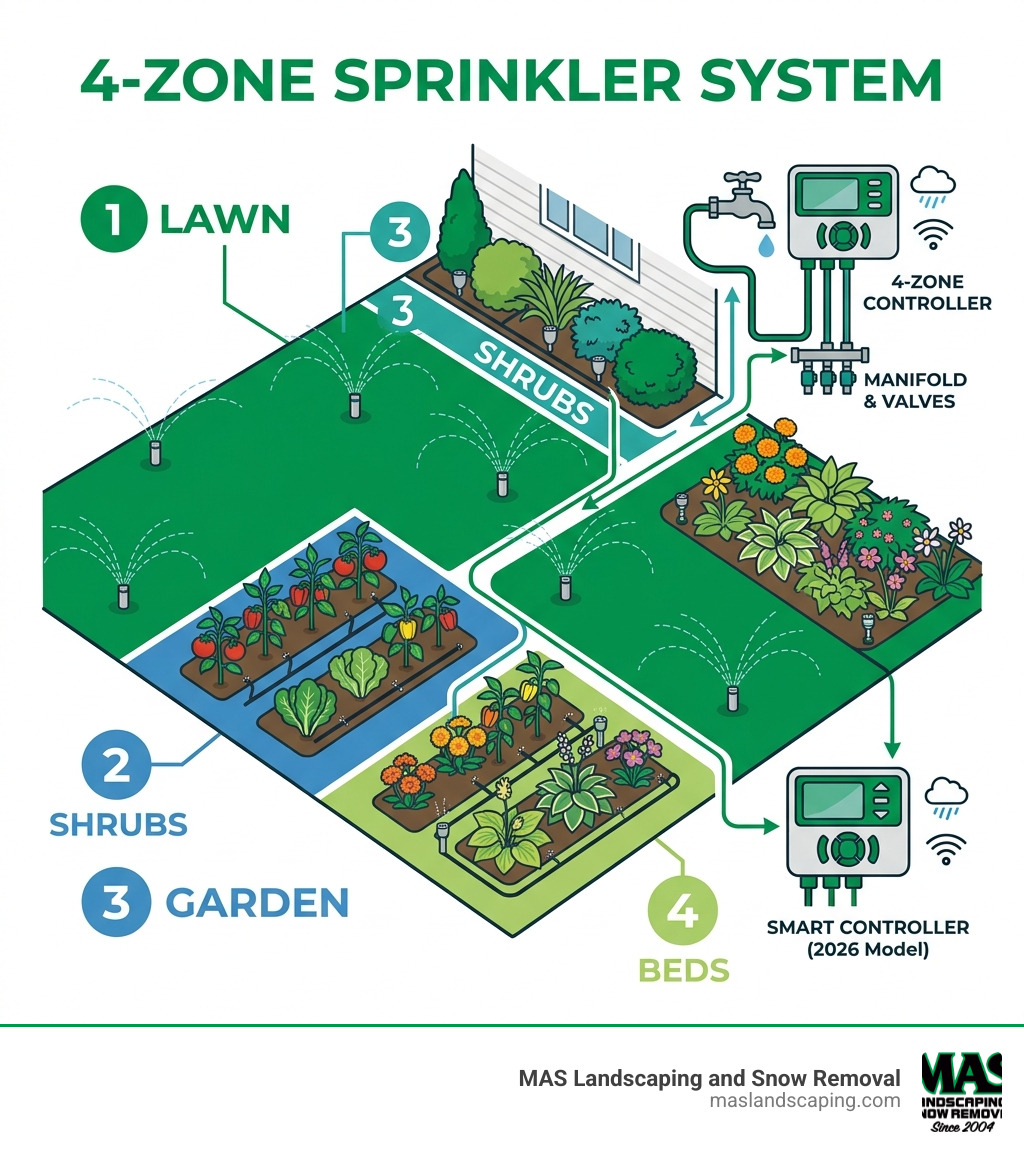 Infographic showing 4-zone sprinkler system layout with zones labeled for lawn, garden, shrubs, and beds - 4 zone sprinkler