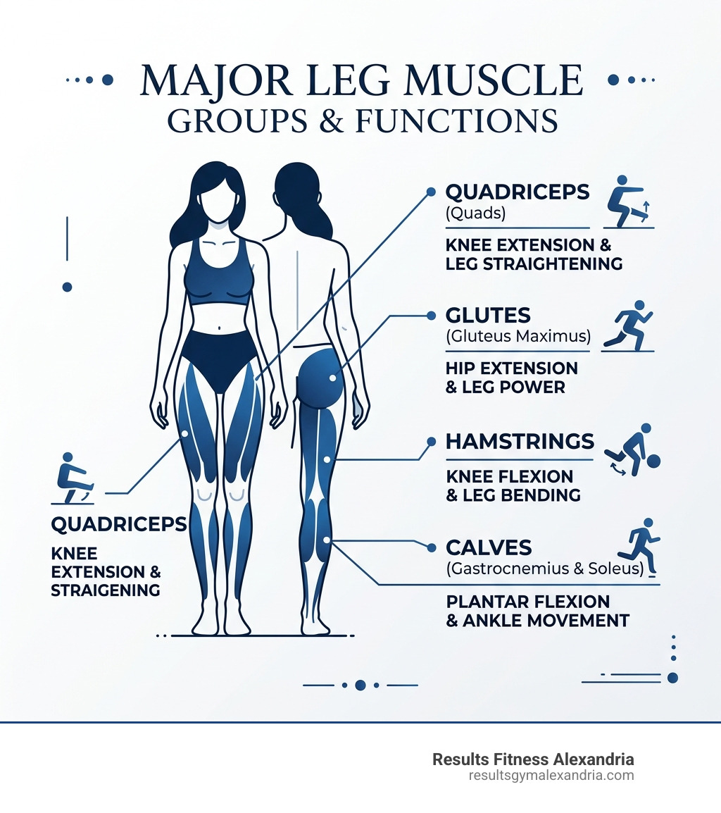 infographic showing major leg muscle groups: quads, hamstrings, glutes, and calves with labels and functions - leg workout