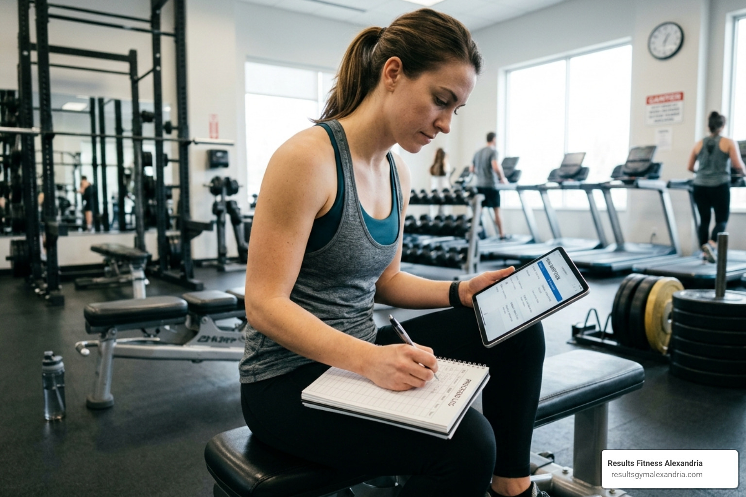 woman reviewing a workout plan and tracking her progress - leg workout for women