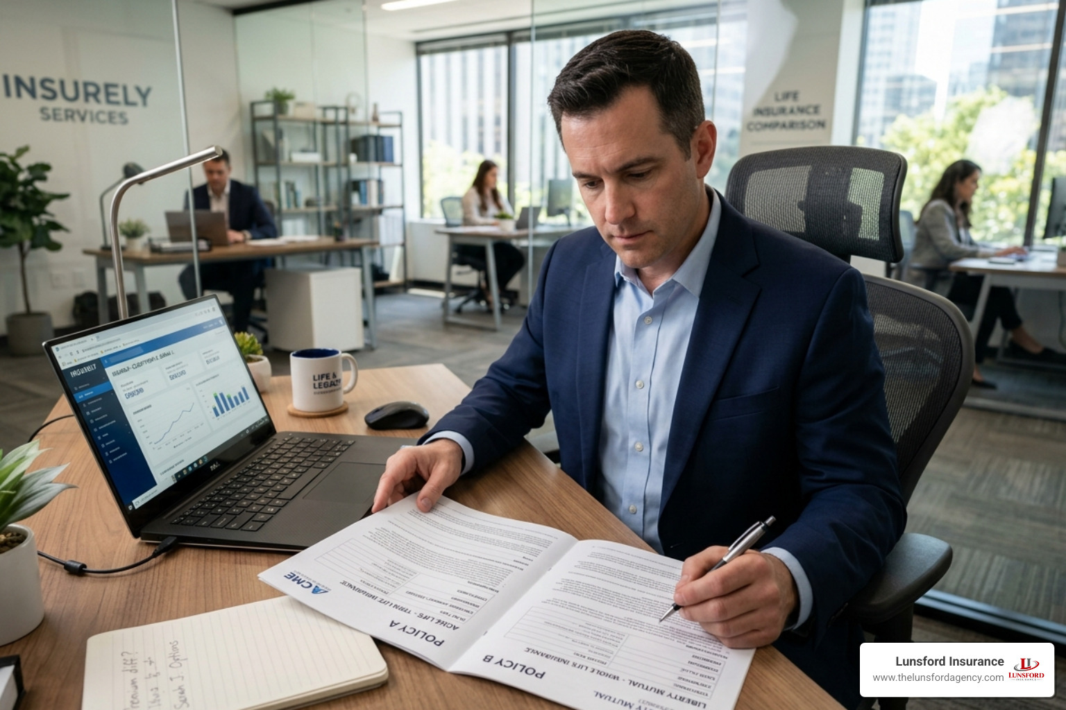 Professional insurance agent at a desk with a laptop reviewing policy comparisons - life insurance brokerage services
