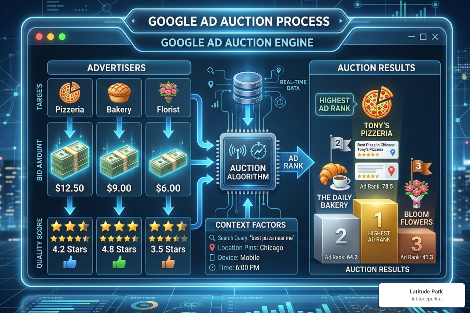 The Google ad auction process showing bid, quality, and context factors - what are local search ads