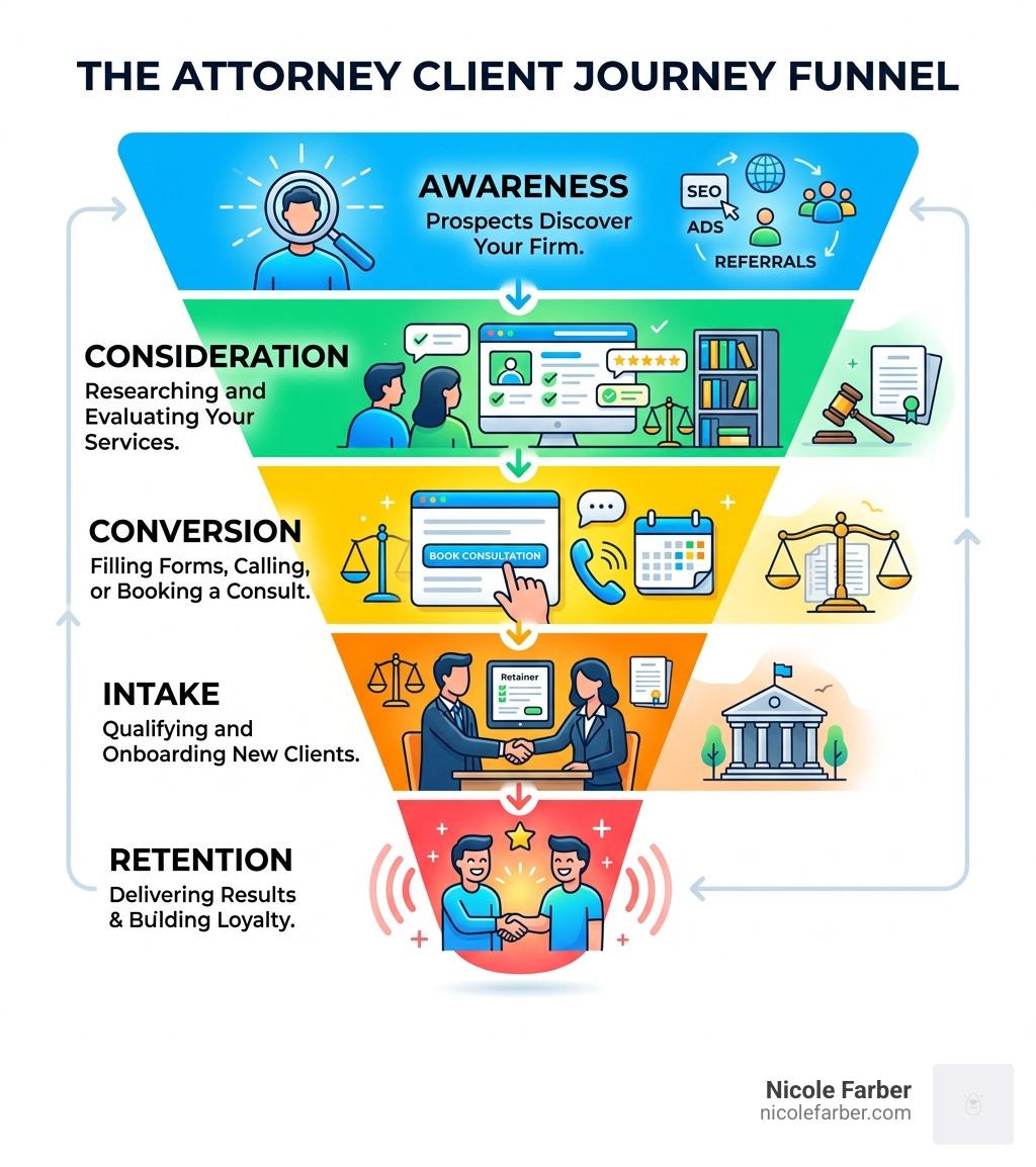 5-stage law firm client journey funnel infographic showing Awareness, Consideration, Conversion, Intake, and Retention 5-stage law firm client journey funnel infographic showing Awareness, Consideration, Conversion, Intake, and Retention