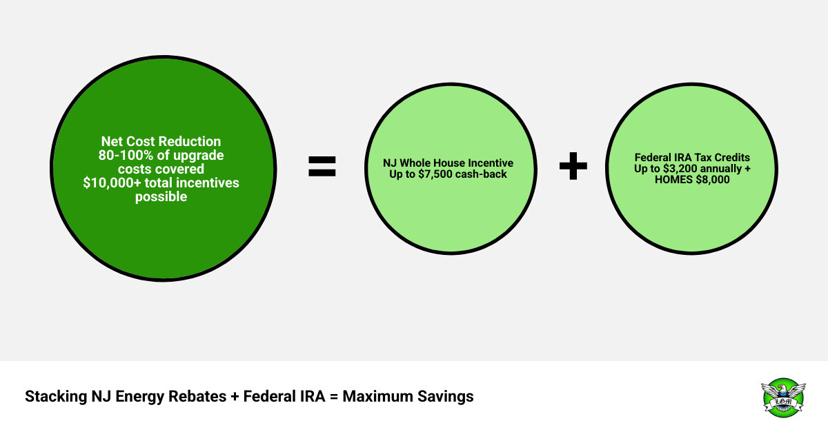 Infographic showing how to stack federal IRA and NJ state energy rebates for maximum home upgrade savings - new jersey Infographic showing how to stack federal IRA and NJ state energy rebates for maximum home upgrade savings - new jersey