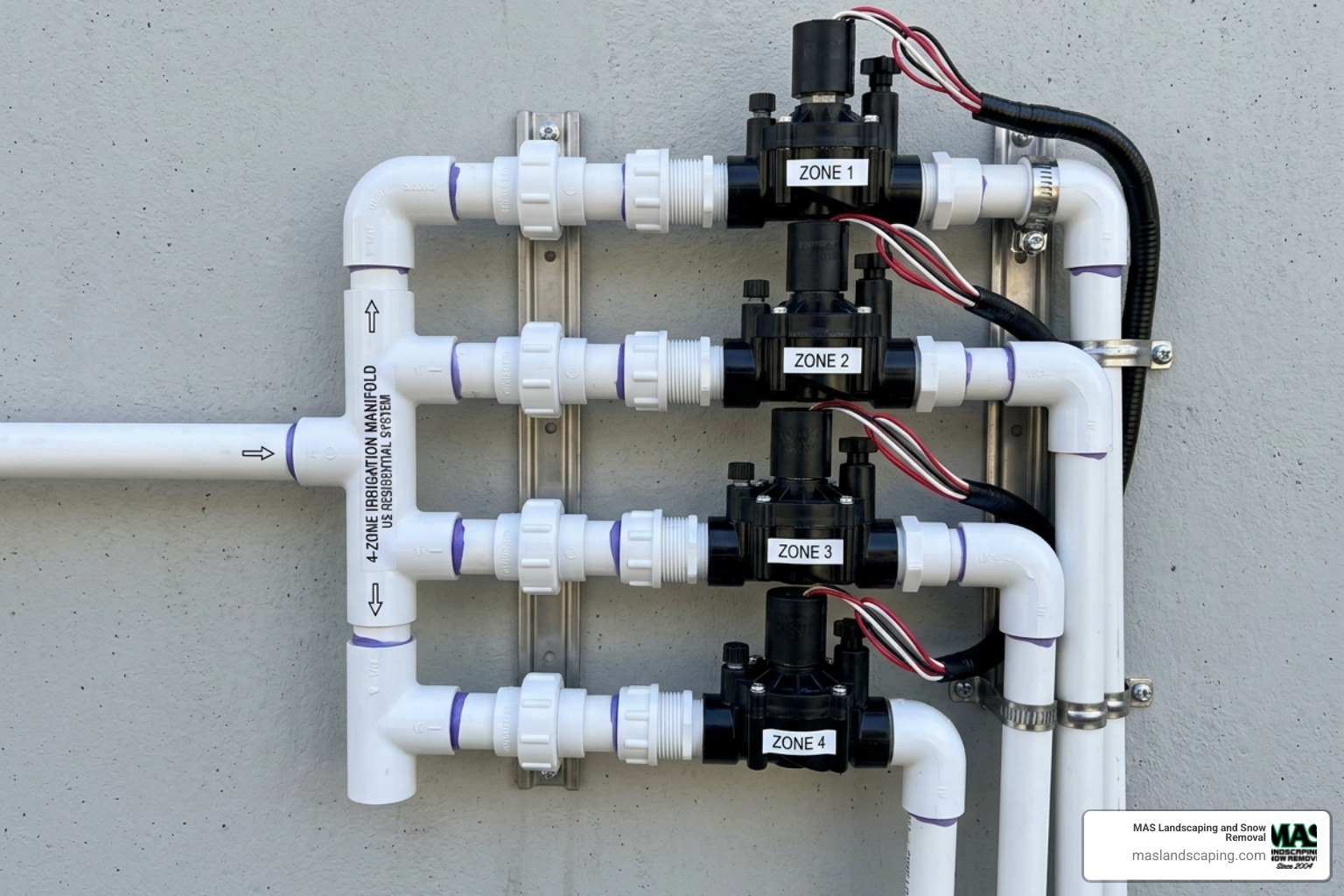 Irrigation manifold with four valves arranged for a 4-zone system - 4 zone sprinkler system kit