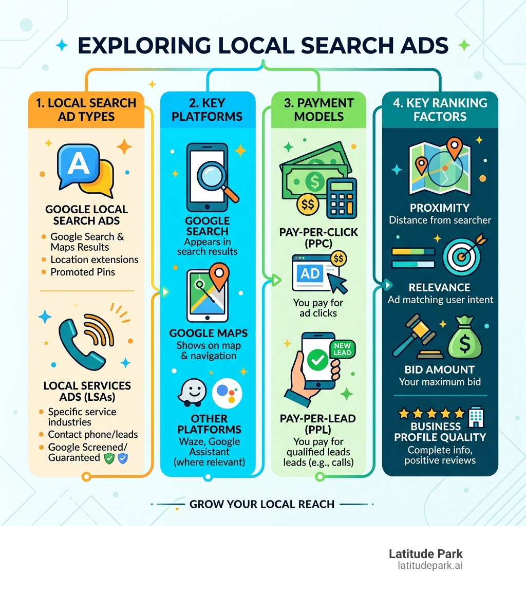 Infographic showing local search ad types, platforms, payment models, and key ranking factors - what are local search ads
