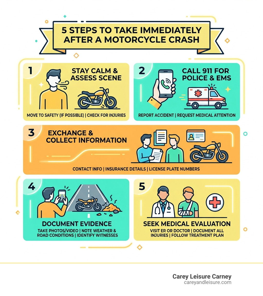 5 steps to take immediately after a motorcycle crash infographic - how to choose a personal injury lawyer for motorcycle