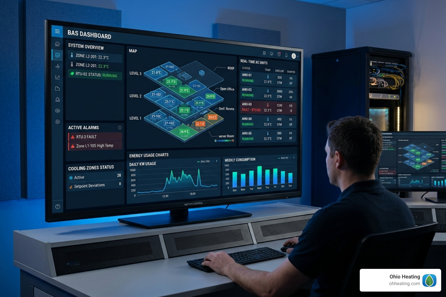 Dashboard of a building automation system showing cooling zones and energy usage - hvac controls systems Dashboard of a building automation system showing cooling zones and energy usage - hvac controls systems