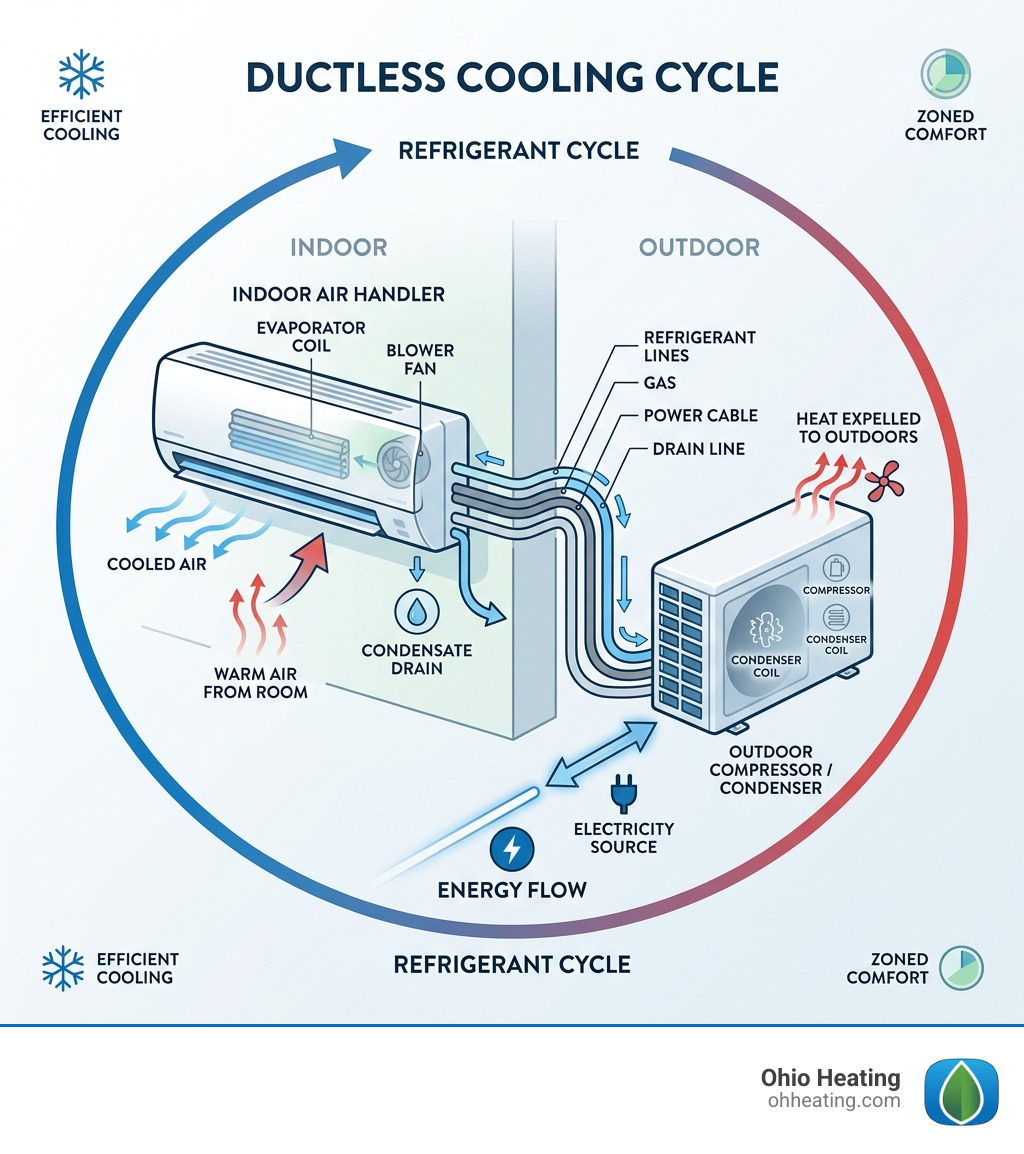 infographic showing the ductless cooling cycle components and energy flow - ductless mini split ac unit infographic 