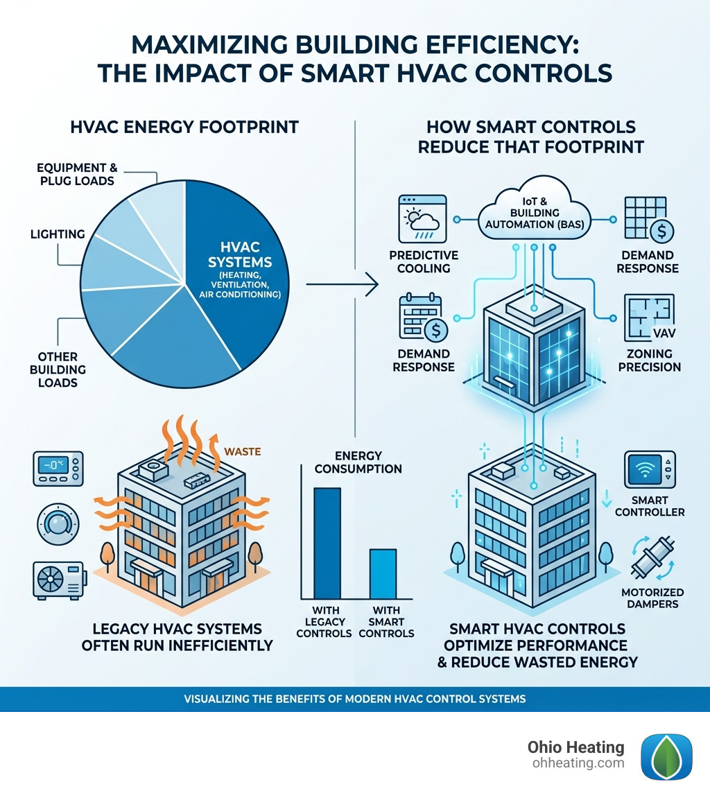 Infographic showing that HVAC systems represent a large portion of building energy use and how smart controls reduce that Infographic showing that HVAC systems represent a large portion of building energy use and how smart controls reduce that