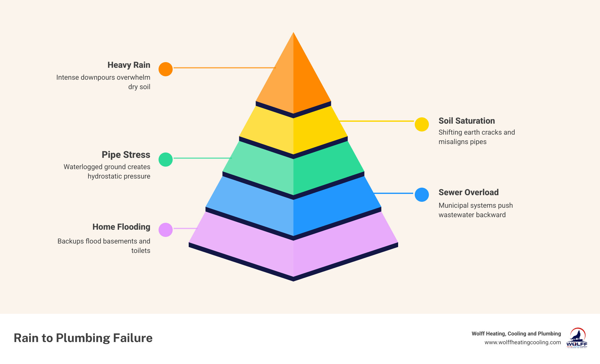 Infographic showing the cycle of rain-induced plumbing issues from soil saturation to sewer backup - how heavy rain affects Infographic showing the cycle of rain-induced plumbing issues from soil saturation to sewer backup - how heavy rain affects
