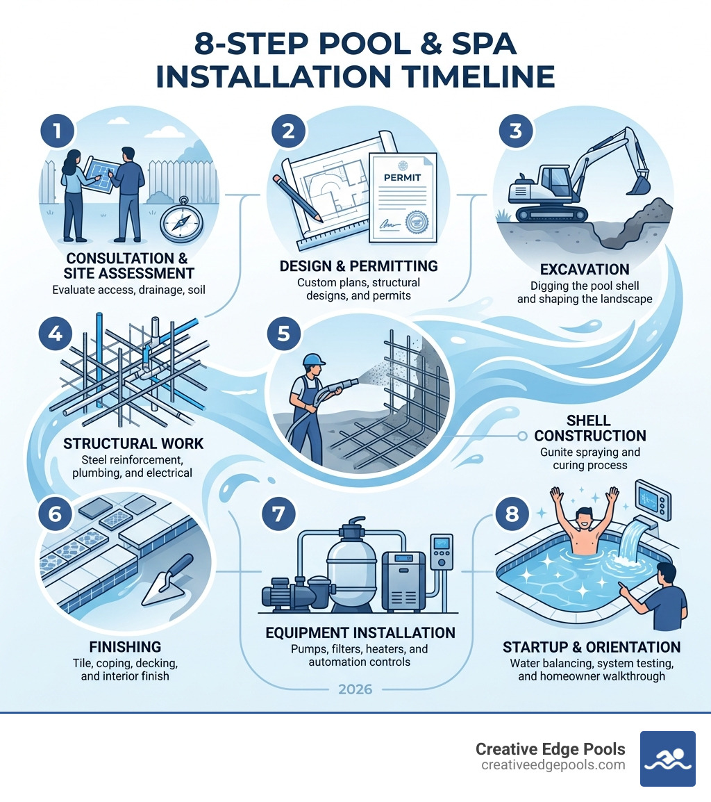 8-step pool and spa installation timeline from consultation to startup - Pool and spa installation infographic 